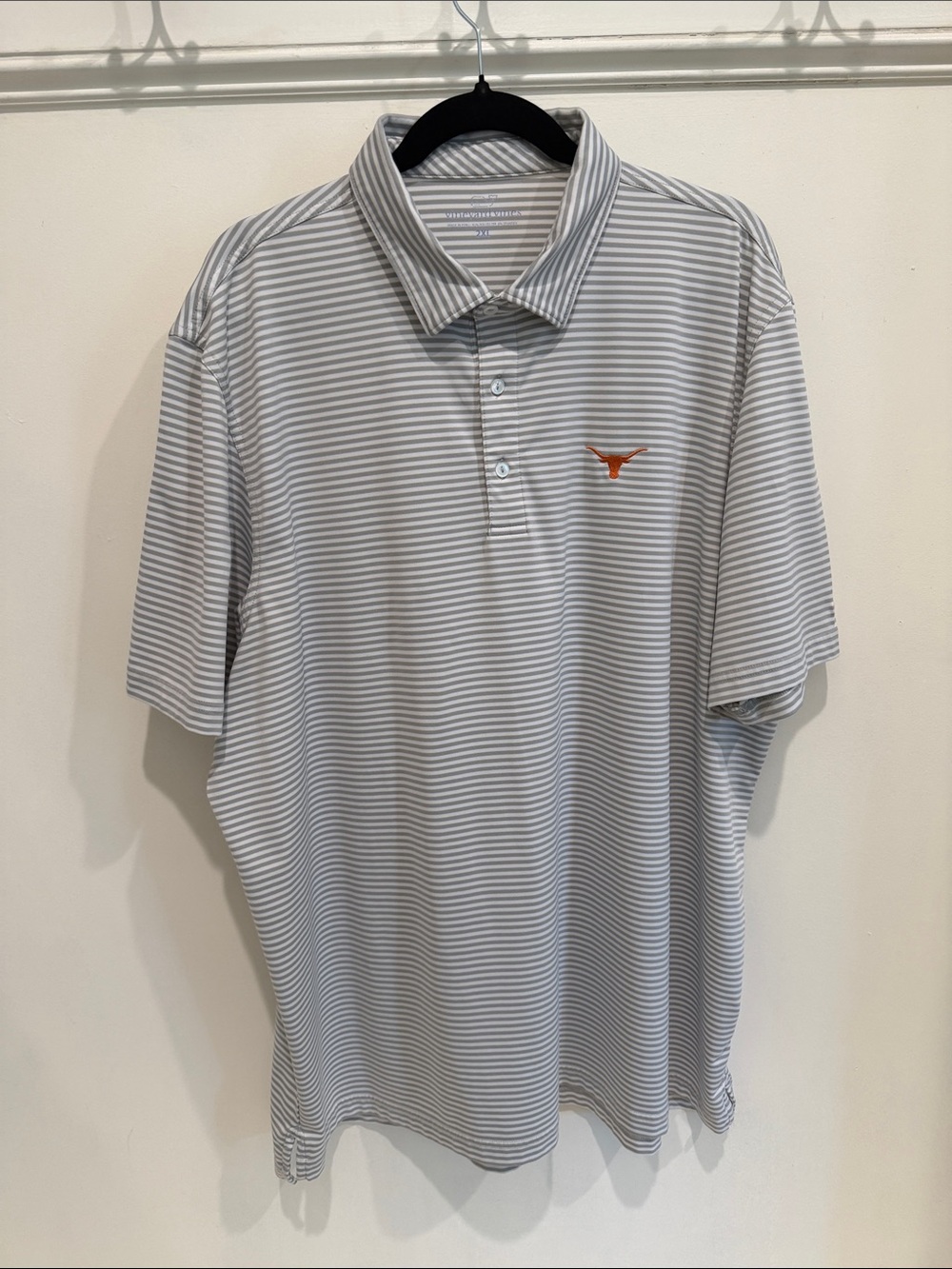 Vineyard Vines Gray & White Striped Polo with Orange Logo